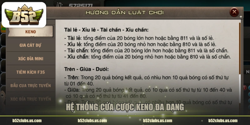 Hệ thống cửa cược Keno đa dạng